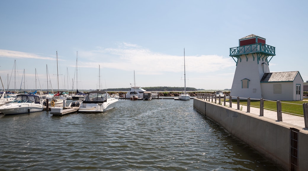 Un port de plaisance où sont amarrés plusieurs bateaux, un phare et une zone herbeuse avec un petit bâtiment.