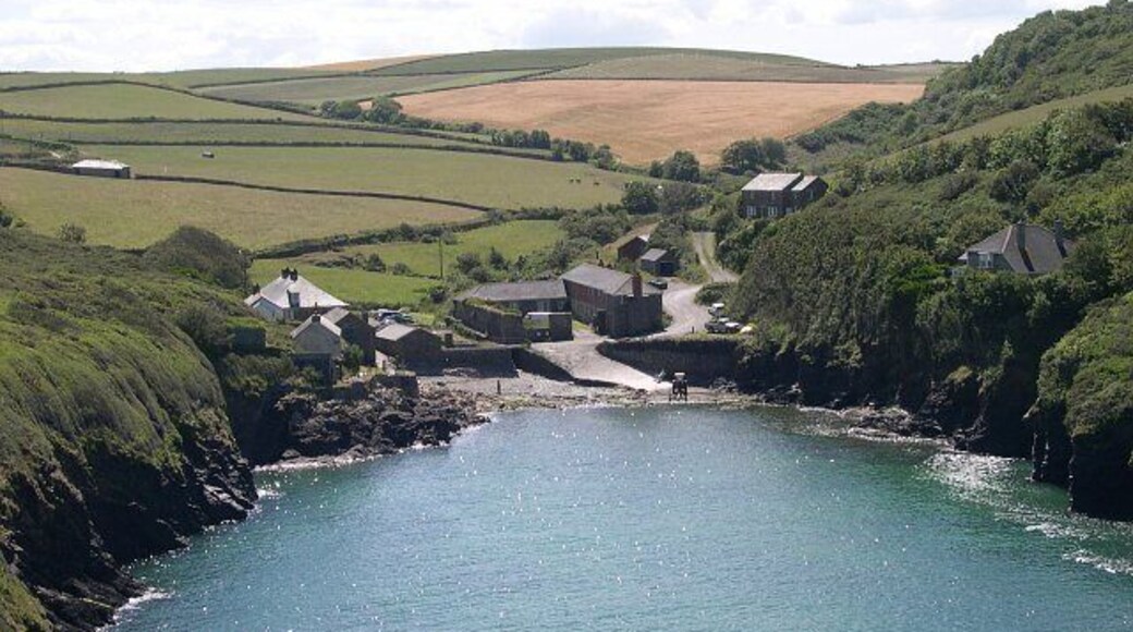 Port Quin and the fields beyond. The fishing village of Port Quin was abandoned sometime in the late 19th century and local legends tell of the day the men went fishing against advise and tradition (possibly on a Sunday) and were swept away by a huge storm. The truth is probably that the herring and pilchard fishing on which the village depended slowly declined in the latter half of the 19th century and at the same time small local mines closed down and the people slowly moved away or emigrated.