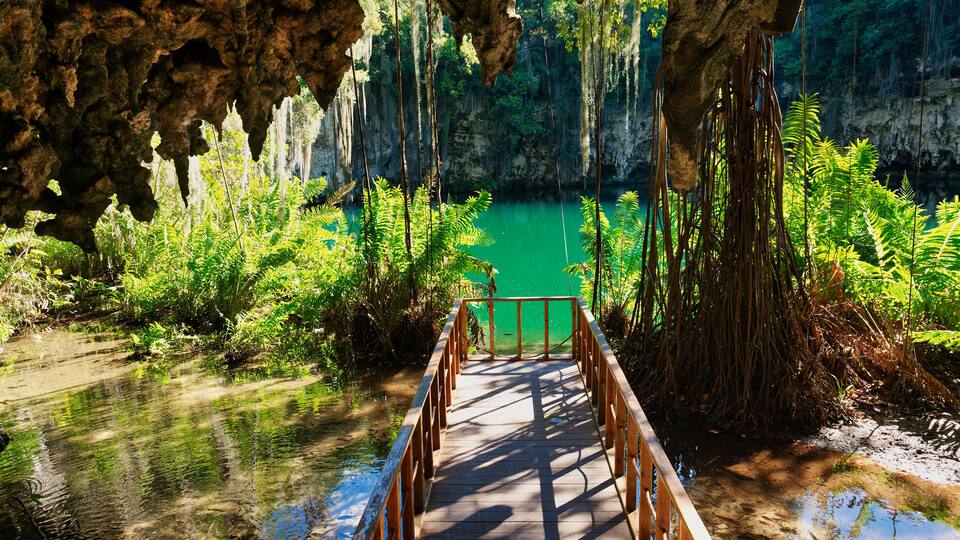 A wooden bridge leading to a turquoise lake surrounded by lush greenery and rocky cliffs.