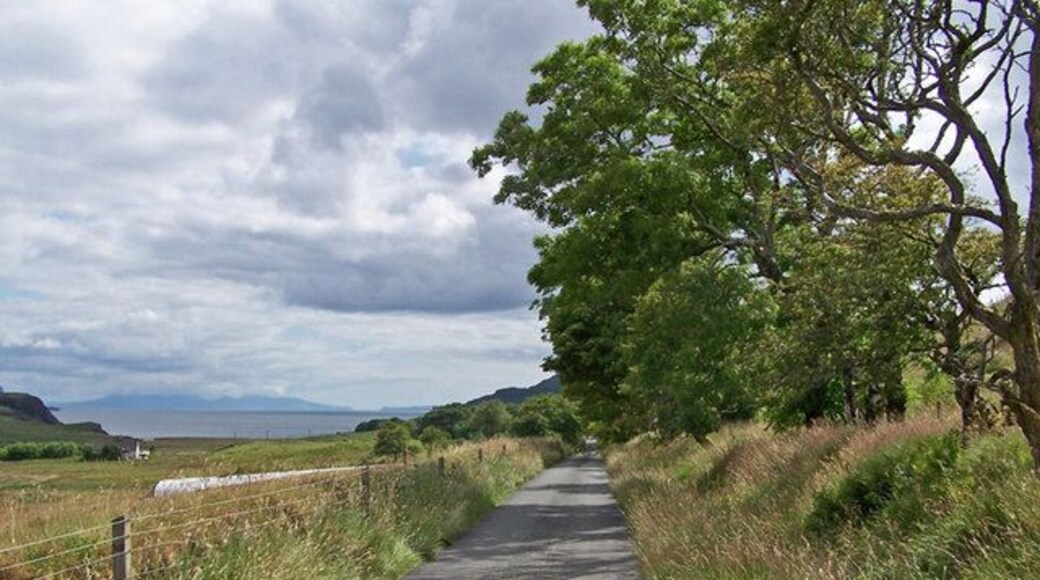 Approaching Orbost. This is the attractive tree-lined road into Orbost from Lonmore. The island of Rum is visible on the distant horizon.