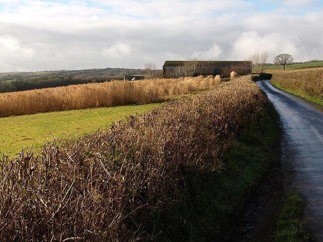 Barn above Dean. Looking along the lane between 1125852 and 1043551 to here it makes a right-angled bend beside the barn, where a green lane descends to the left to 165811.