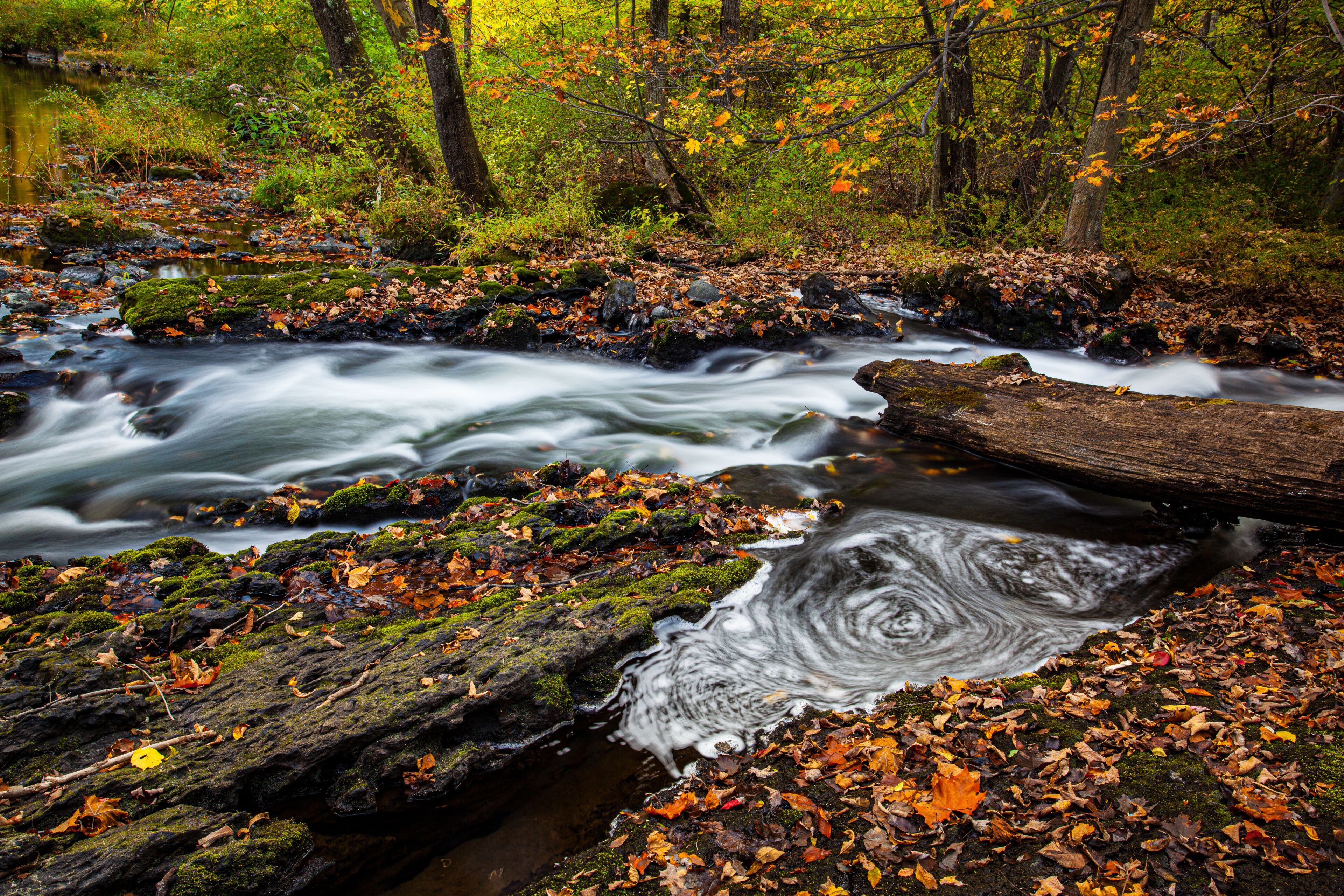 Cascades and whirlpools near Buttermilk Falls, surrounded by fal