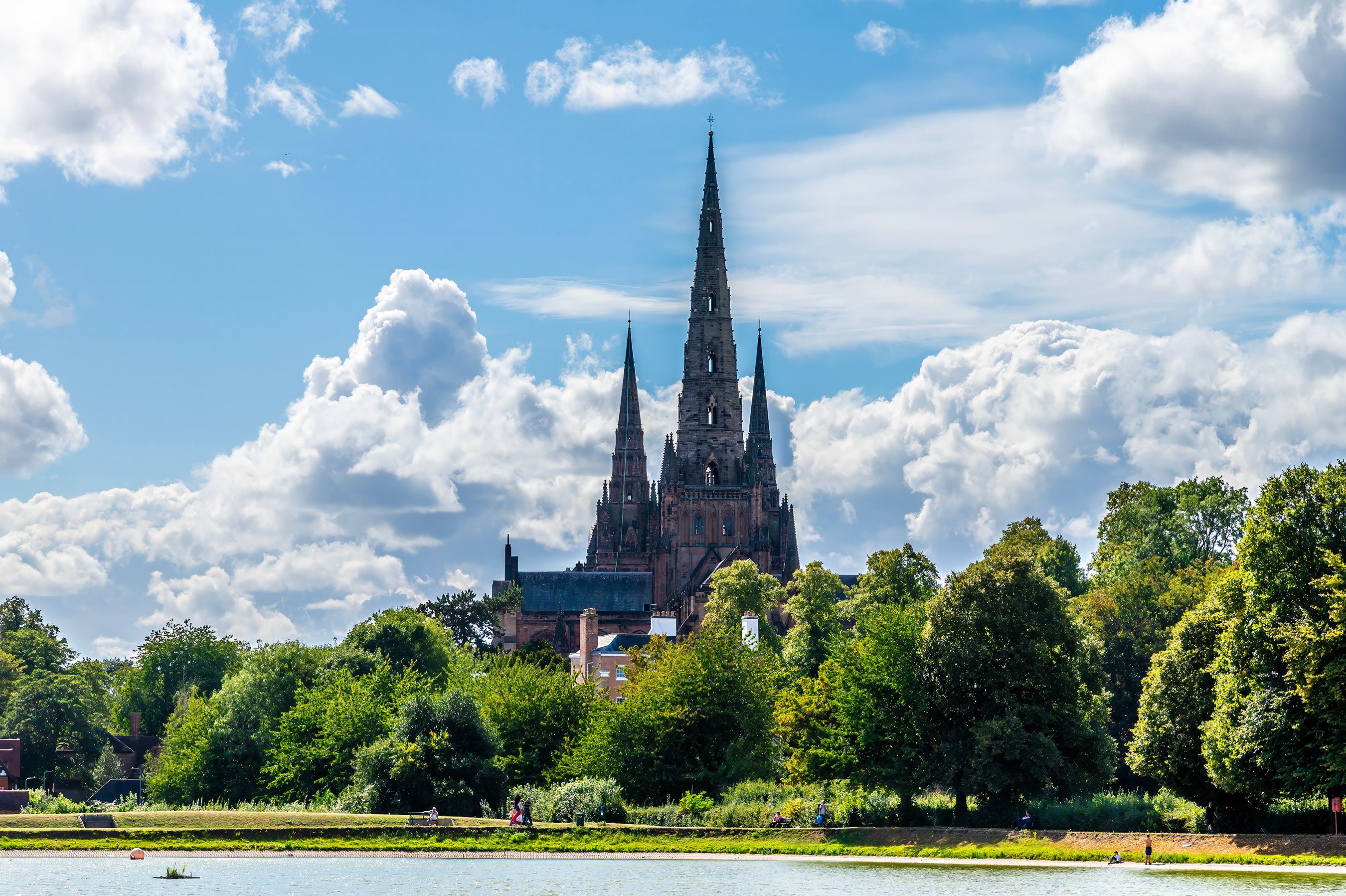 A view across Stowe Pool towards the Cathedral in Lichfield, UK in summertime