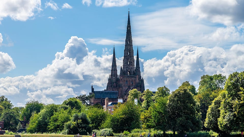 A view across Stowe Pool towards the Cathedral in Lichfield, UK in summertime