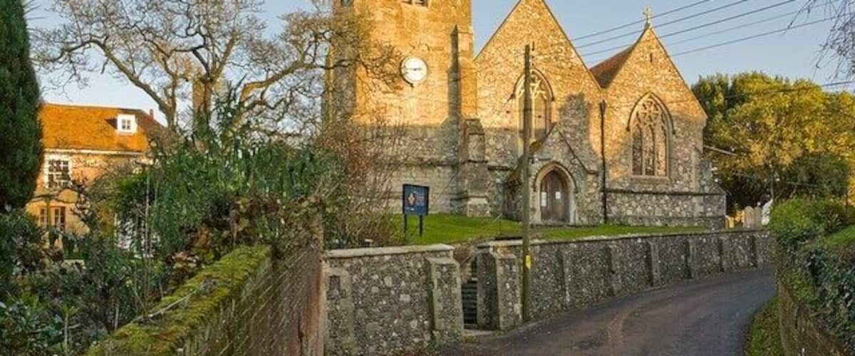 St Mary's church, Eling Hill Lit by a low evening sun. (elevated camera position)
