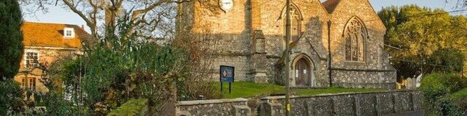 St Mary's church, Eling Hill Lit by a low evening sun. (elevated camera position)