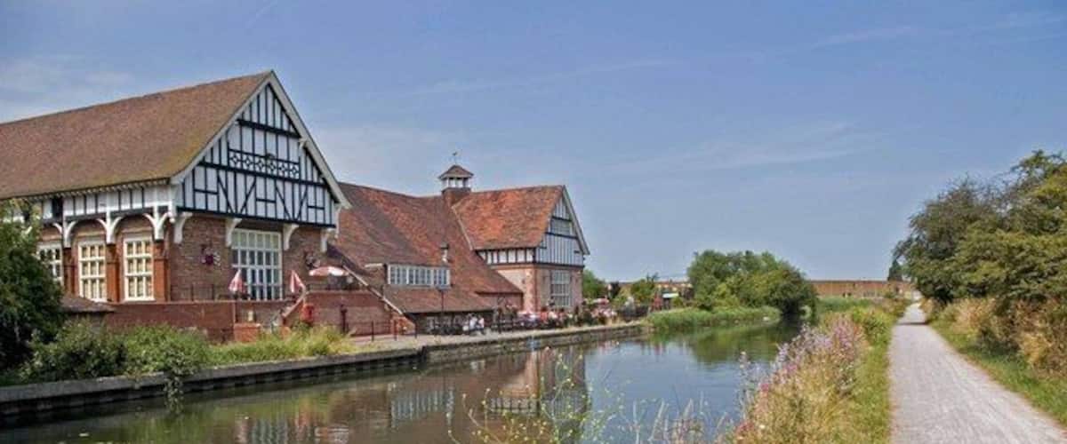 The Navigation Inn, near to Ponders End, Enfield, Great Britain. This watering hole on the Lea and Stort Navigation was converted from an old pumping station converted into a pub in 1995.