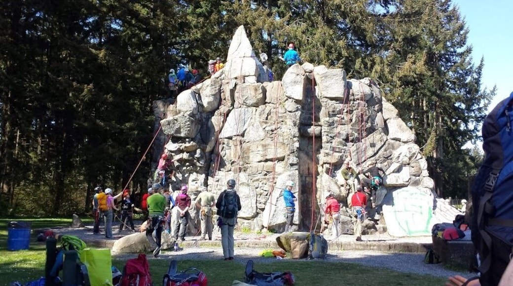 Spire Rock was created to learn basic climbing skills by large groups of people. The Washington Alpine Club (WAC) practices their skills and teaches its students proper techniques to stay safe in the outdoors in a controlled environment.
Read more about the WAC Class here: http://www.angelatravels.com/2014/04/mountaineering-school-knots-knots-spire-rock/