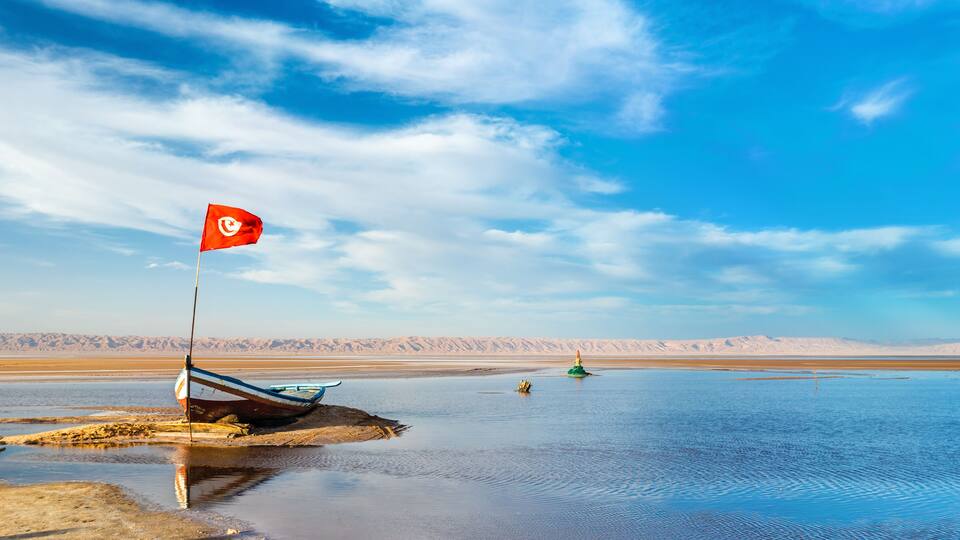 A boat with a red flag on a calm body of water, a green buoy, and a distant mountain range.