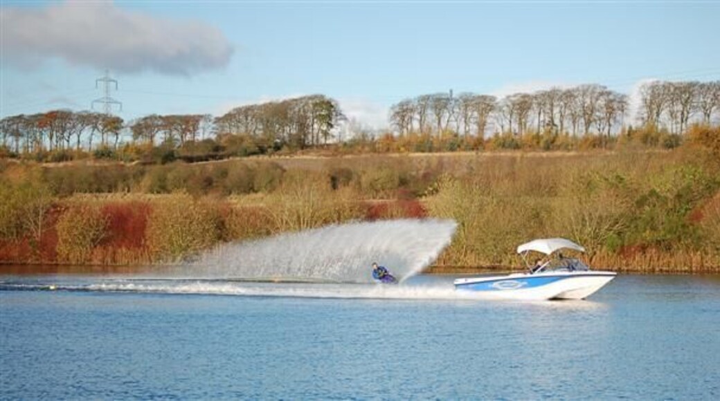 Water skier This water skier is honing his skills at the Scottish National Water Ski Centre on Townhill Loch near Dunfermline. http://www.waterskiscotland.co.uk/