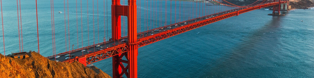 The Golden Gate Bridge spanning the Golden Gate Strait.