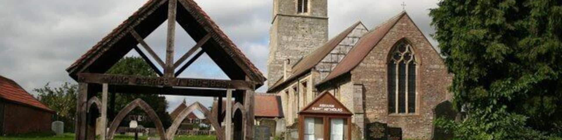 St.Nicholas' church and Lych Gate The Lych Gate says "To Commemorate the Silver Jubilee of King George V 1910-1935" an inscription on the gates reads "Eventide brings all home"