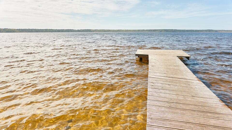 A wooden pier extending into a lake with clear water and a distant tree line under a partly cloudy sky.