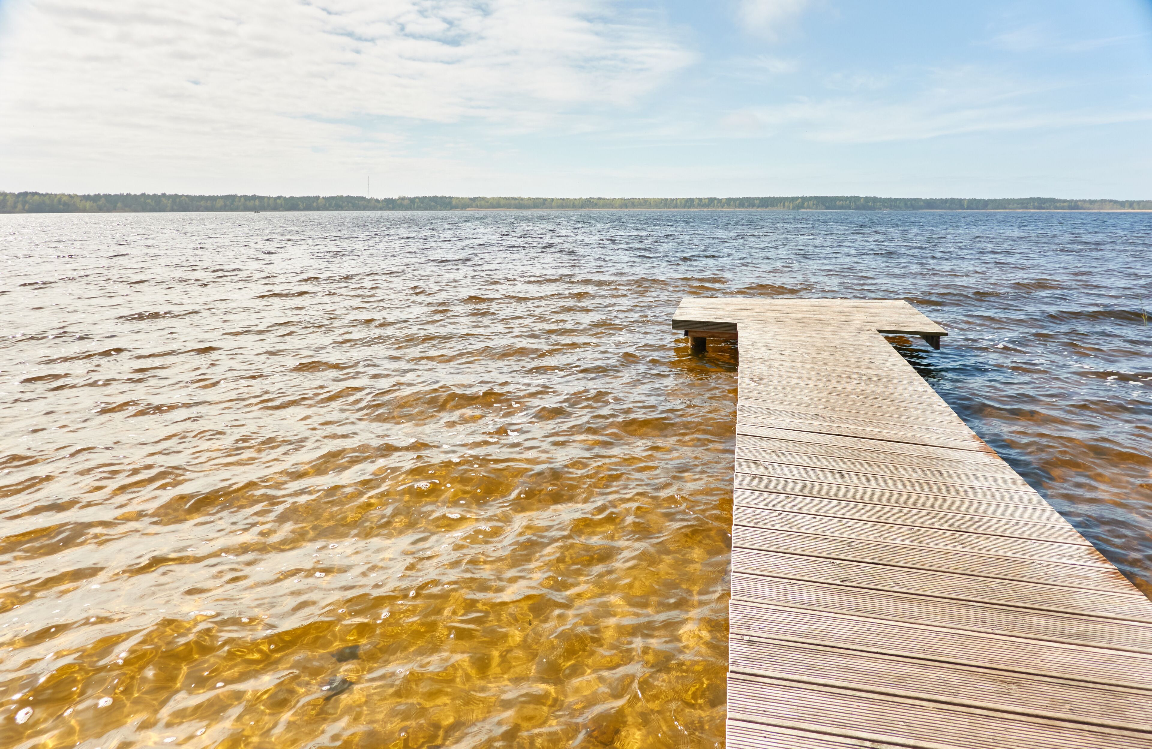 A wooden pier extending into a lake with clear water and a distant tree line under a partly cloudy sky.