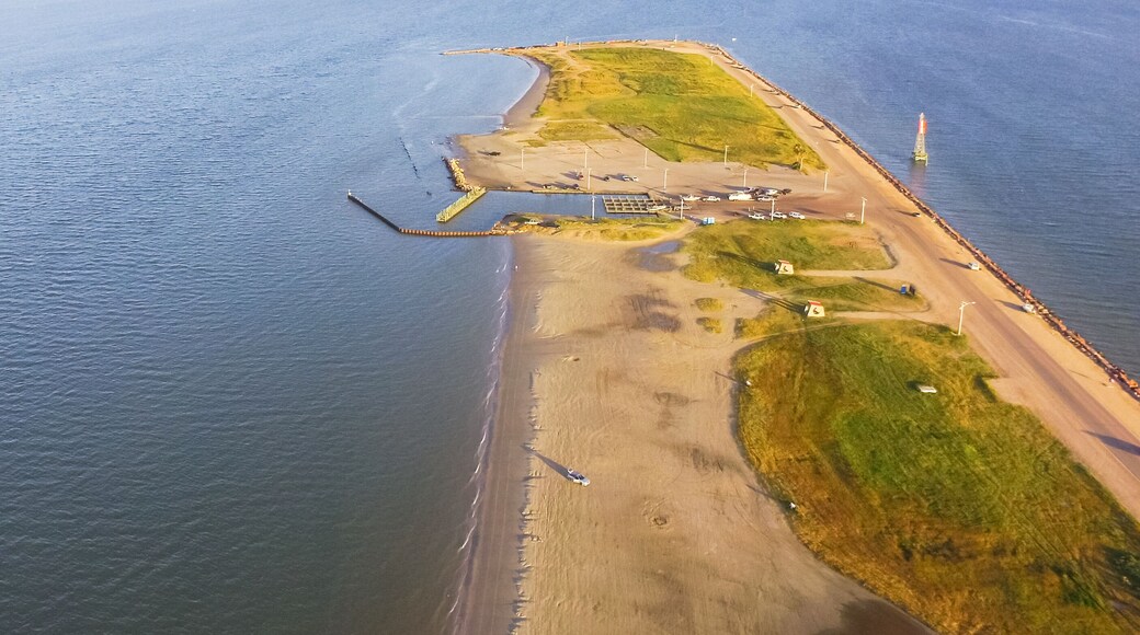 Panorama aerial view famous Texas City Dike, a levee that projects nearly 5miles south-east into mouth of Galveston Bay. It was designed to reduce the impact of sediment accumulation along lower Bay