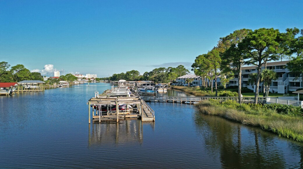Beautiful wooden pier above a river in the Lower Grand Lagoon, Panama City Beach, Florida
