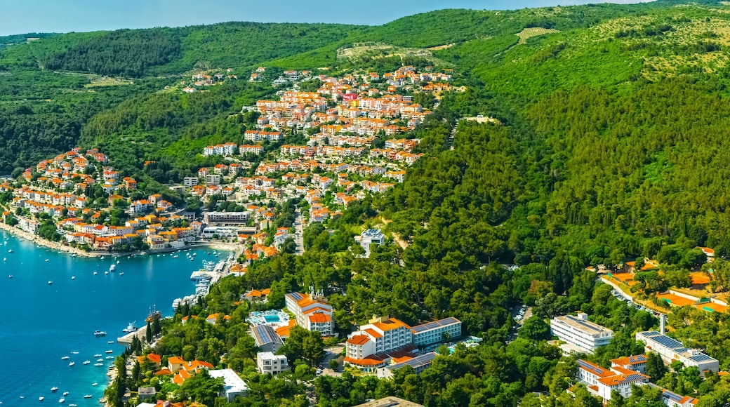 Panoramic aerial view of a coastal town of Rabac with red-roofed buildings nestled between lush green hills and turquoise waters of the Adriatic Sea. Croatia