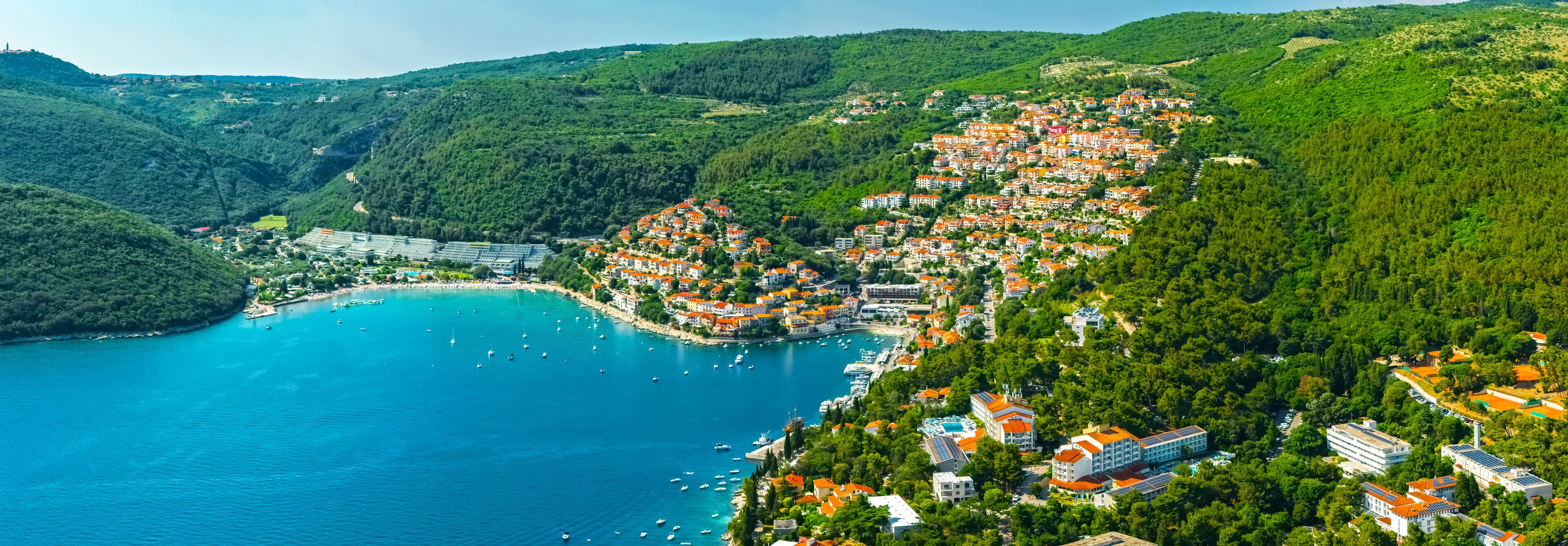 A coastal town with buildings on a hillside, a bay with boats, and a forested area.