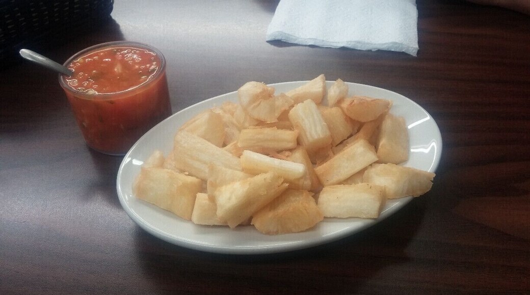 Yuca Fritas or fried cassava (Manihot esculenta), the fried startchy tubers from a plant in the same family as the Xmas poinsettia.