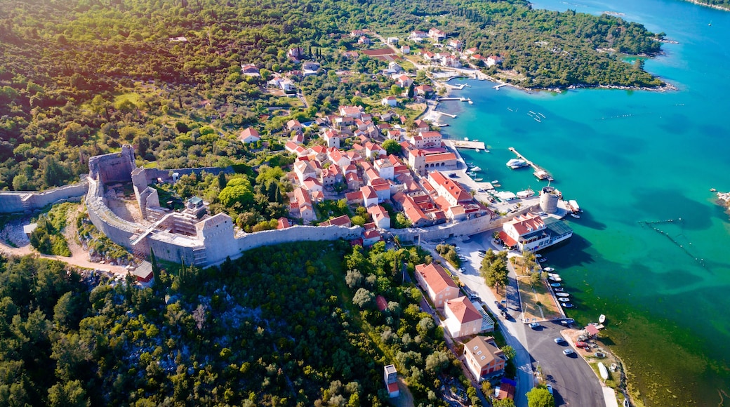 Mali Ston waterfront aerial sun haze view