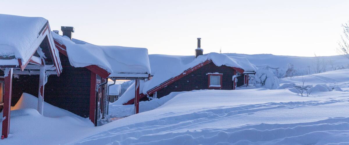 A snowy landscape with two red-roofed buildings partially covered in snow.