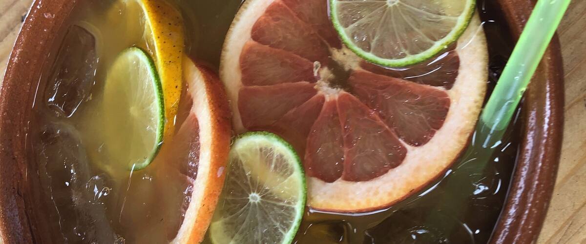 A ceramic bowl filled with a clear liquid, containing slices of citrus and green stalks.