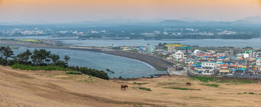 Jeju Island South Korea, Panorama city skyline of Seogwipo city view from Seongsan Ilchulbong