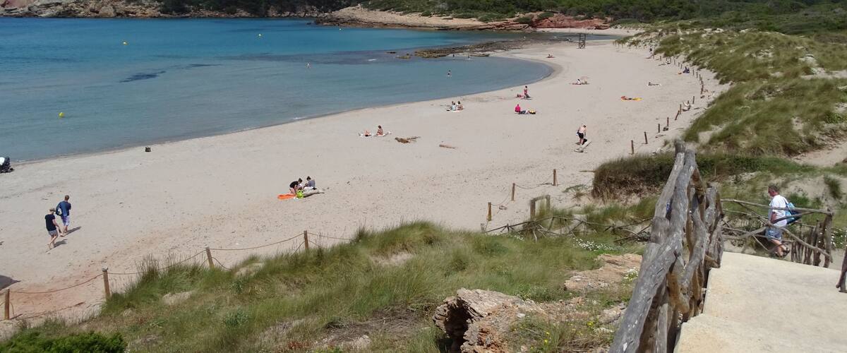 A beach with clear turquoise water, sandy shore, and grassy dunes.