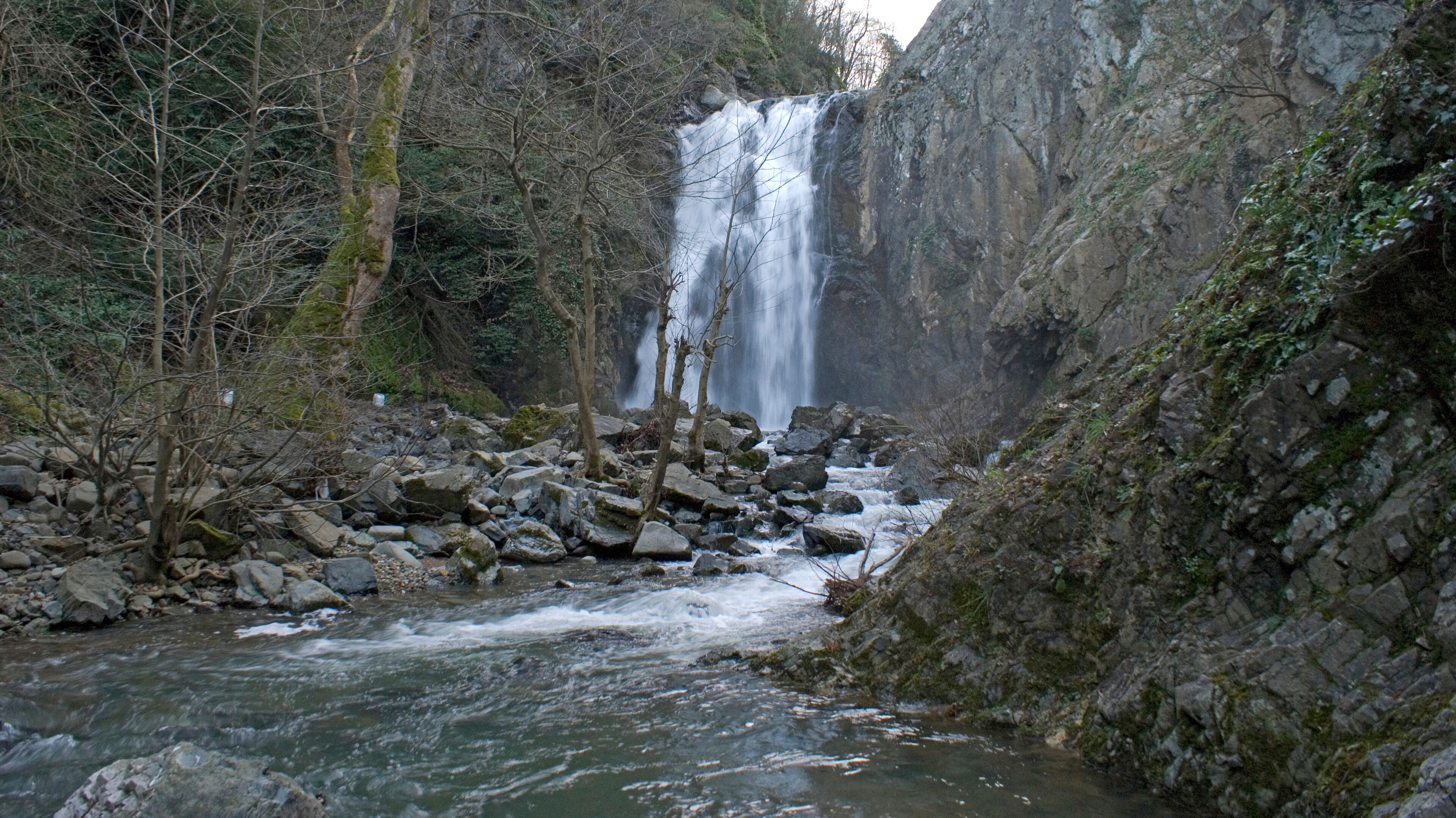 A waterfall in a forested area with a rocky riverbed.
