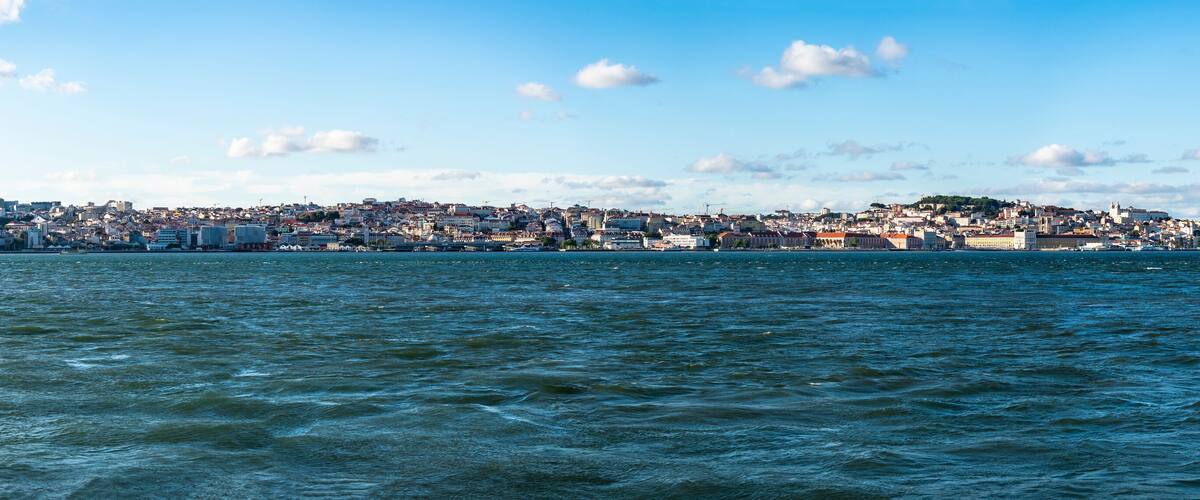 View from the Farol de Cacilhas. over the Tajo to the city of Lisbon, Lisbon, Portugal