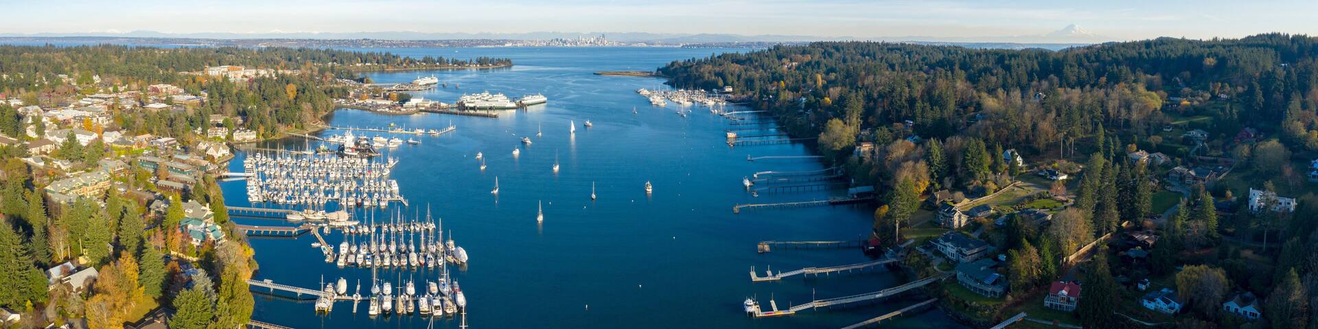 Panoramic Aerial Birds Eye View of Bainbridge Island Mount Rainier Seattle