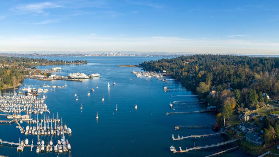 Panoramic Aerial Birds Eye View of Bainbridge Island Mount Rainier Seattle