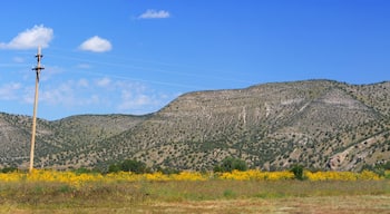 Landscape panorama in Lincoln County, New Mexico, USA. Famous in American Old West history for outlaw gunfighter known as Billy The Kid. Mountains, blue sky and old telegraph pole