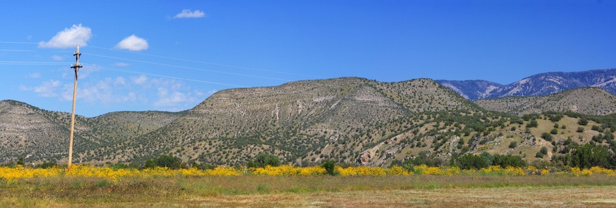Landscape panorama in Lincoln County, New Mexico, USA. Famous in American Old West history for outlaw gunfighter known as Billy The Kid. Mountains, blue sky and old telegraph pole