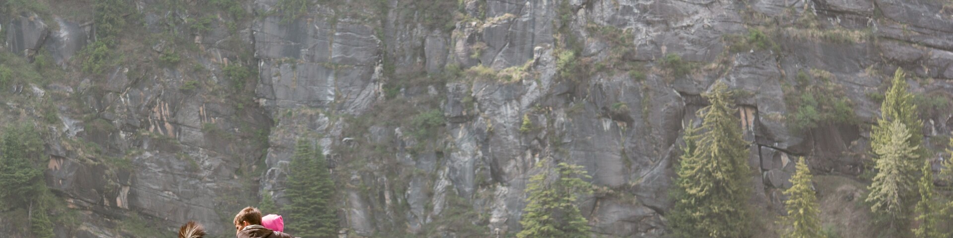 A person with a dog on a rocky mountain ledge, surrounded by greenery and a steep cliff.