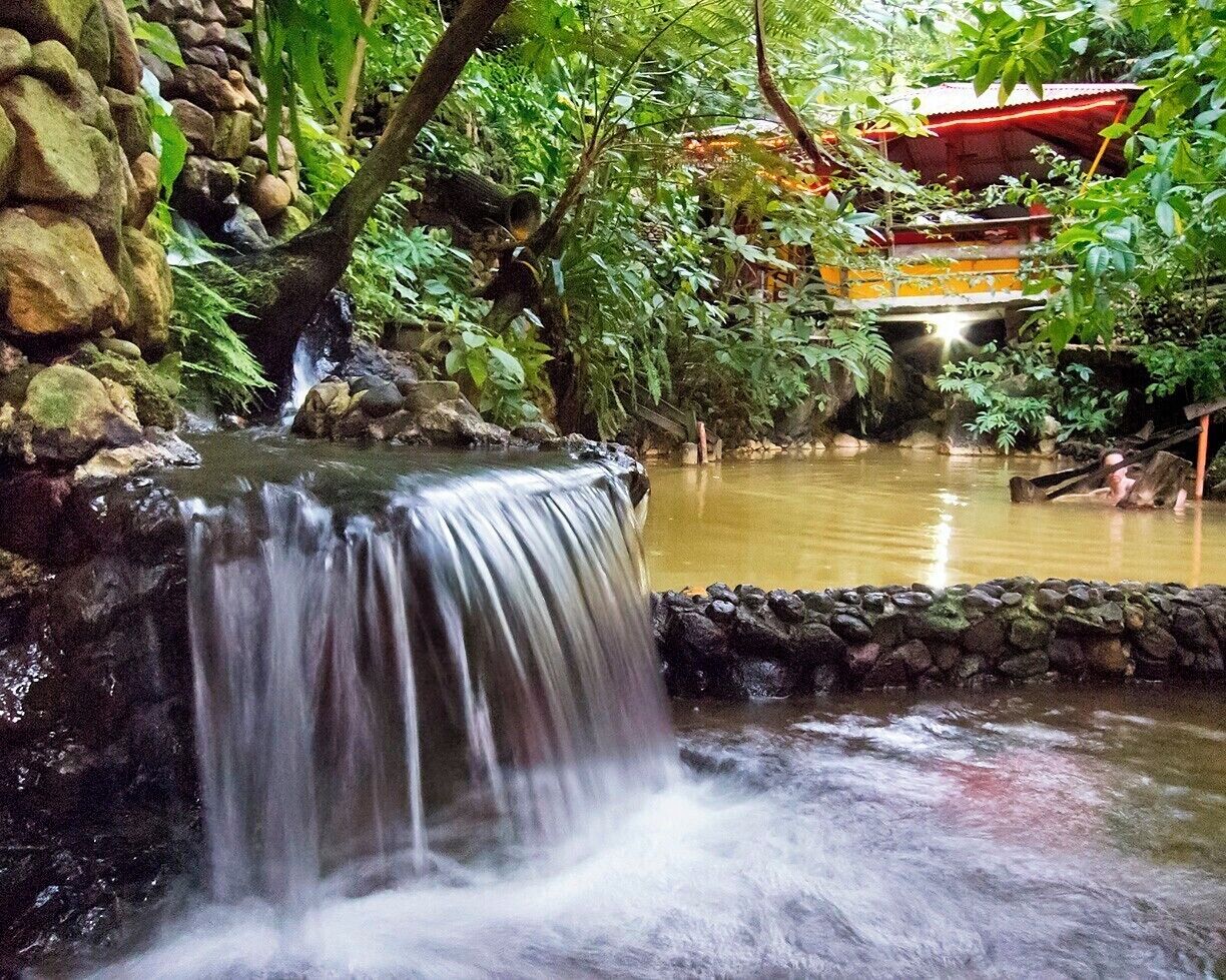 A waterfall in a lush garden with a traditional building in the background.