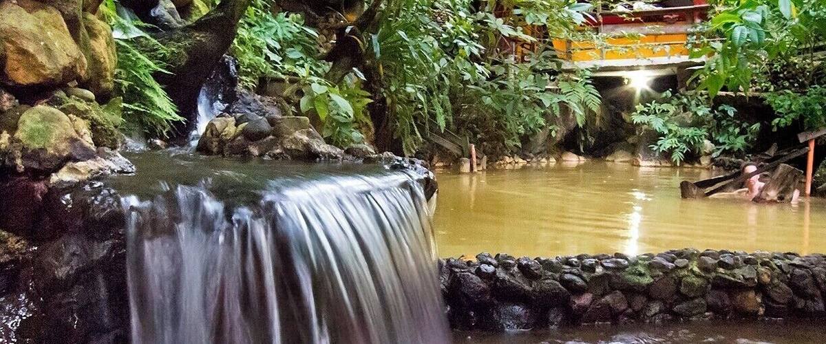 A waterfall in a lush garden with a traditional building in the background.