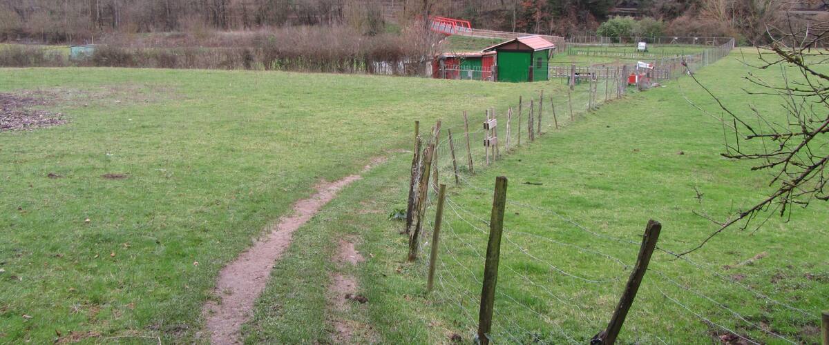 A rural landscape with a green field, a dirt path, a small red and green shed, and a red bridge in the background.