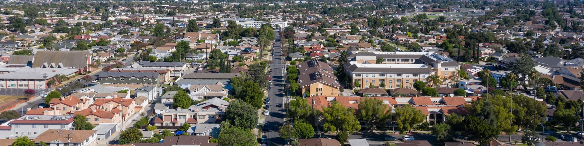Aerial view of downtown center of Alhambra, California.