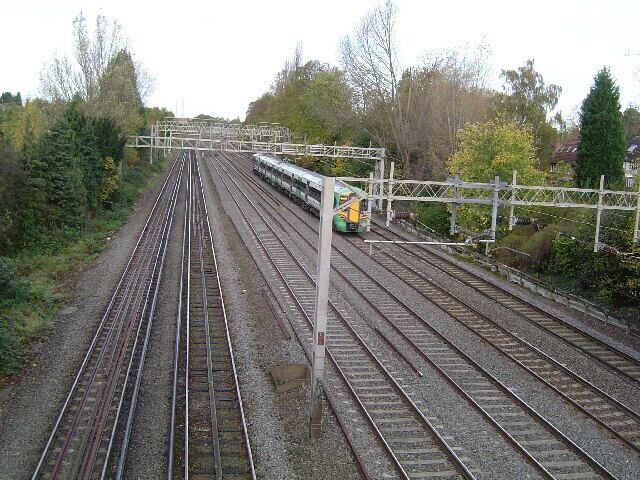 West Coast Main Line railway. Viewed looking northwestwards from the footbridge between The Avenue and Sylvia Avenue north of Hatch End station.