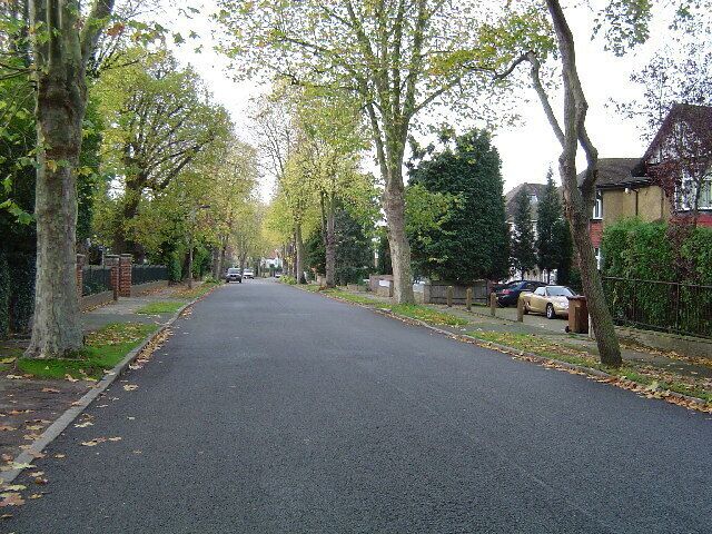 Hatch End: Royston Park Road. Viewed looking south westwards. The only hazard to life on the exclusive Royston Park housing estate is the number of learner drivers attempting reversing and three-point turns on its broad avenues.