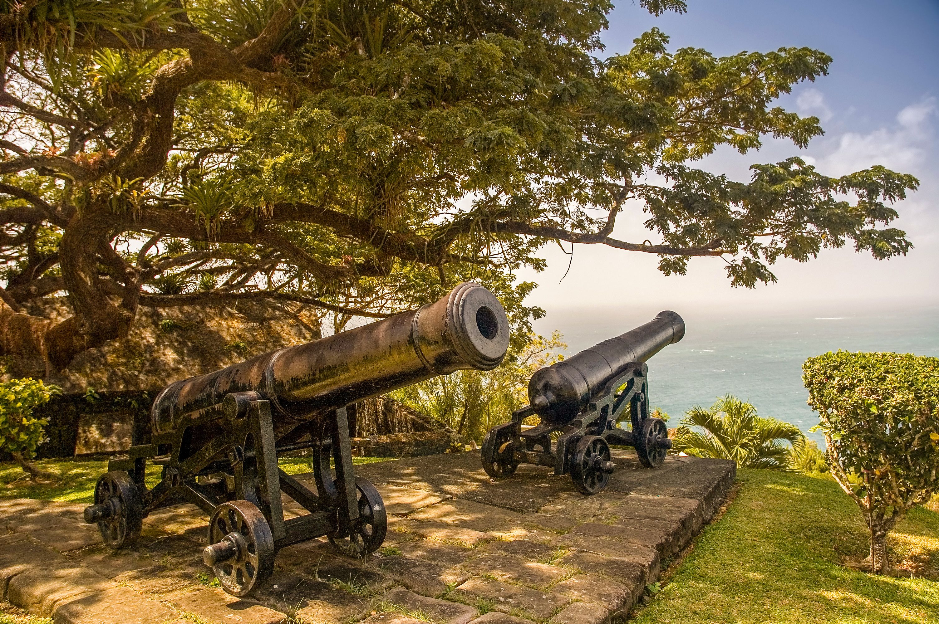 Two cannons on a stone platform with a view of the ocean.