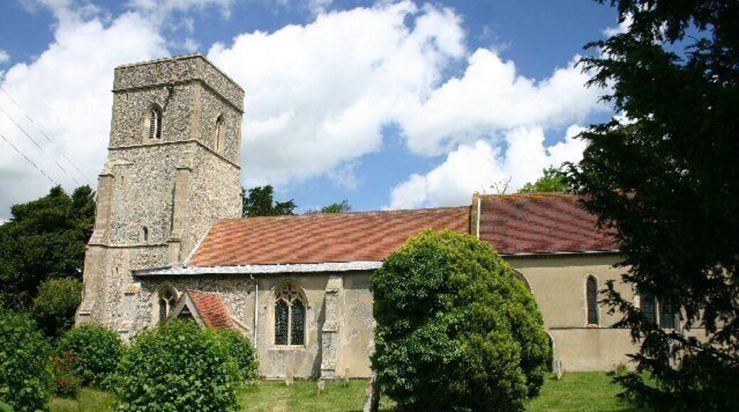 Lidgate Church. Dedicated to St Mary, this church is situated on a bailey, with deep ditches around its northern side forming the motte.