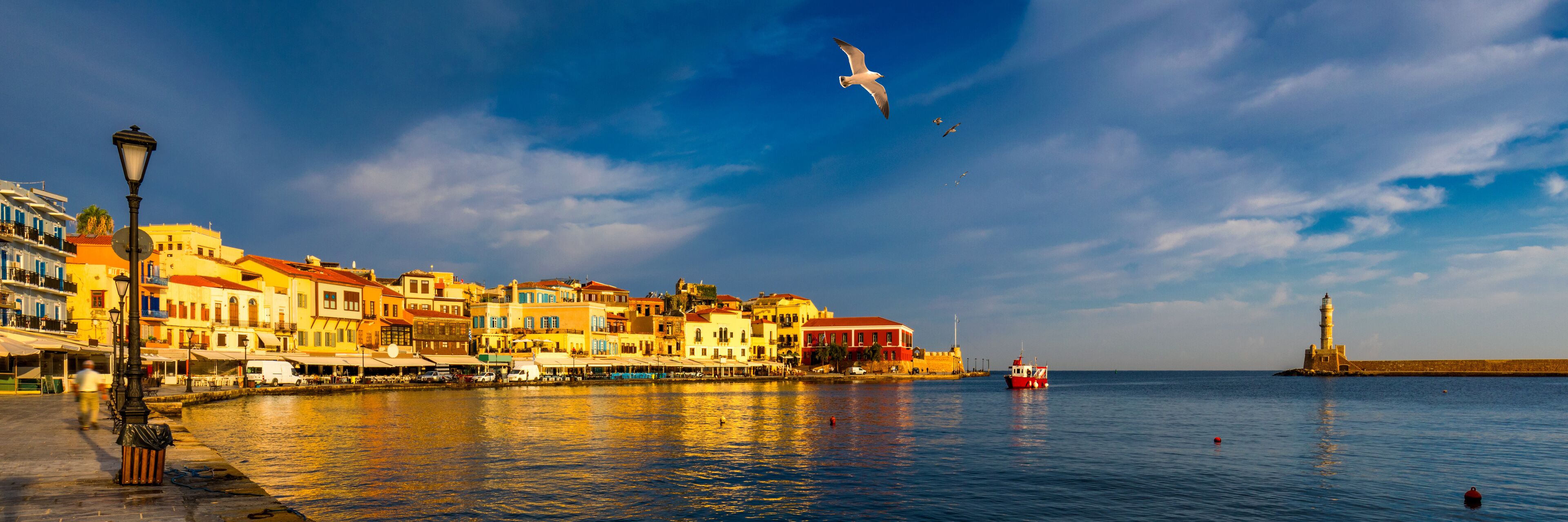 A waterfront cityscape with colorful buildings, a lighthouse, and a seagull flying overhead.
