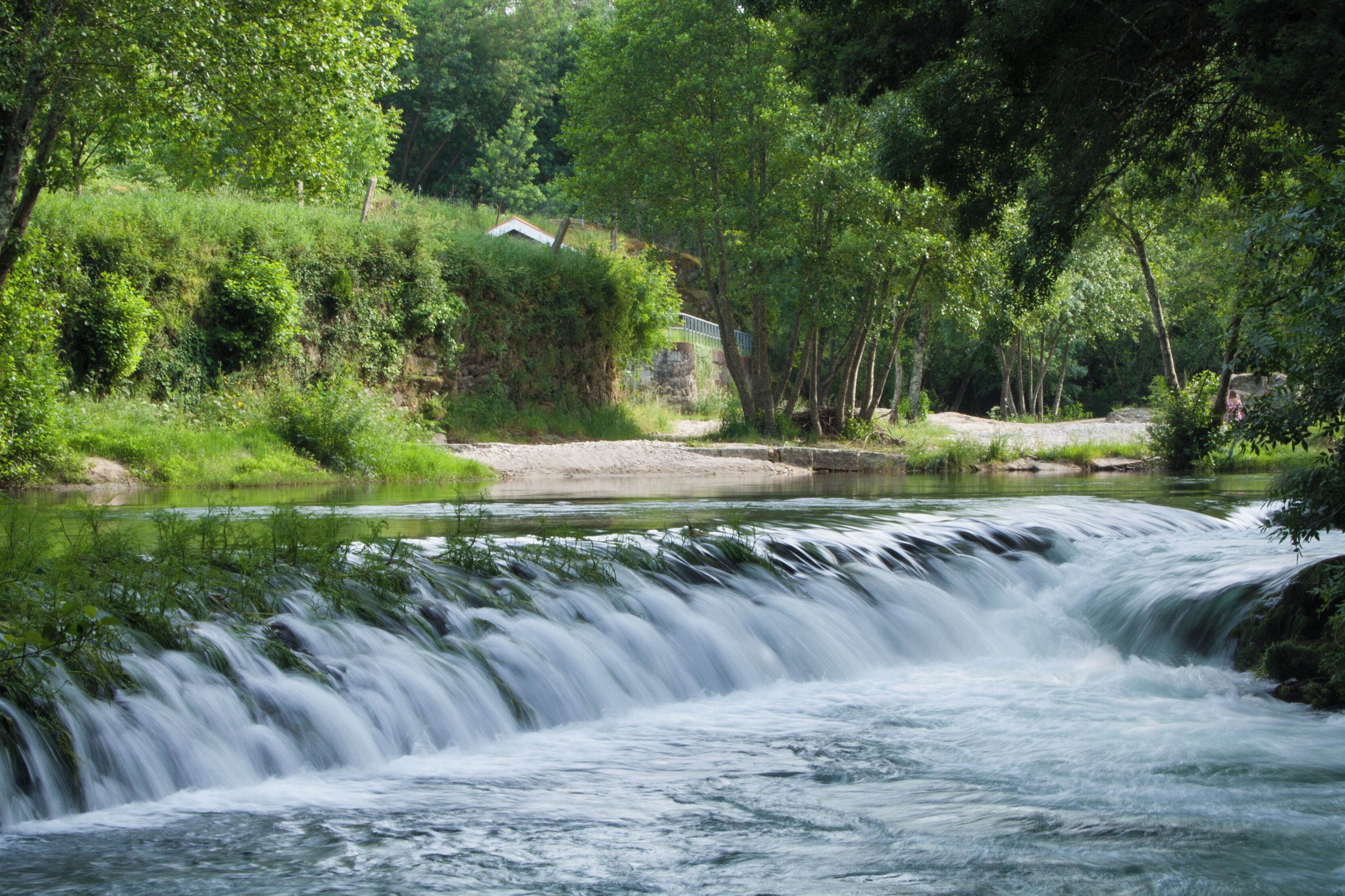 A waterfall in a lush green forest with a small bridge in the background.