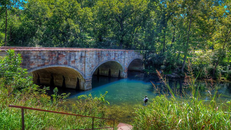 Bennett Spring Bridge. Three span concrete arch bridge over Spring Creek. An original structure of the State Park built in 1934 by the CCC. Windyville MO.