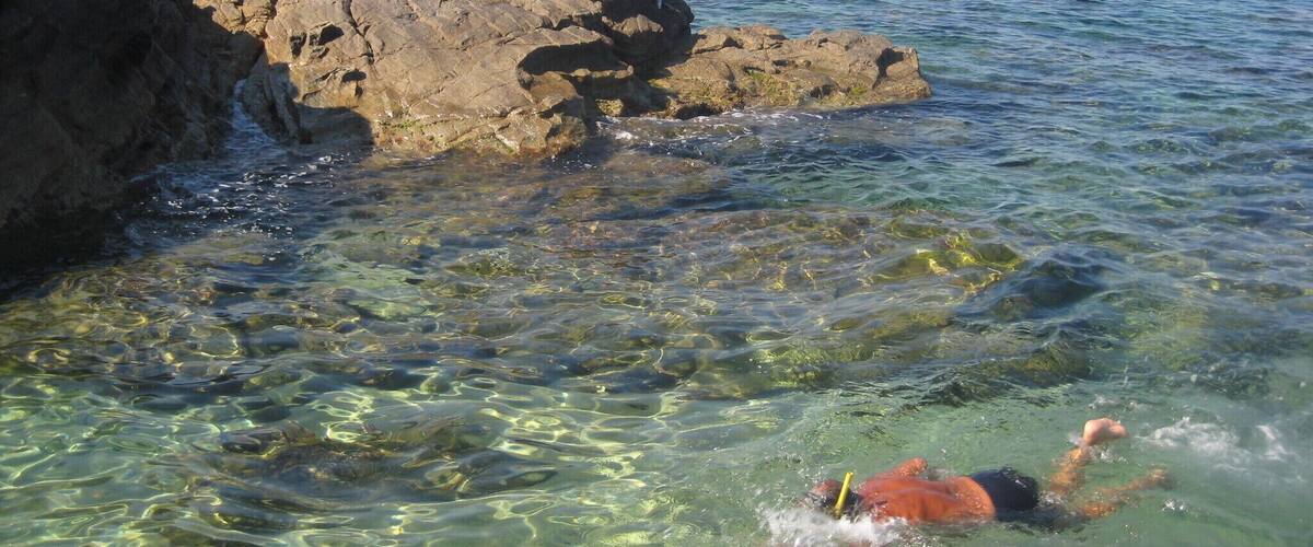 A rocky shoreline with clear water, a swimmer, and a person fishing.