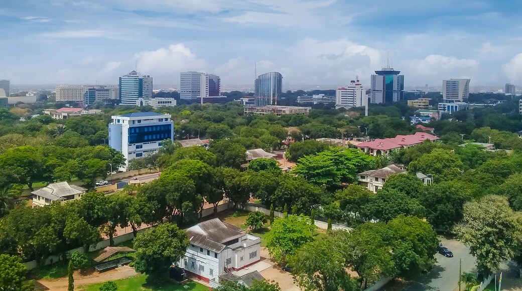 Modern residential buildings in Accra, capital of Ghana. Modern view. Suburb lifestyle in developing countries. Beautiful urban landscape. Top view. Wonderful houses and green areas
