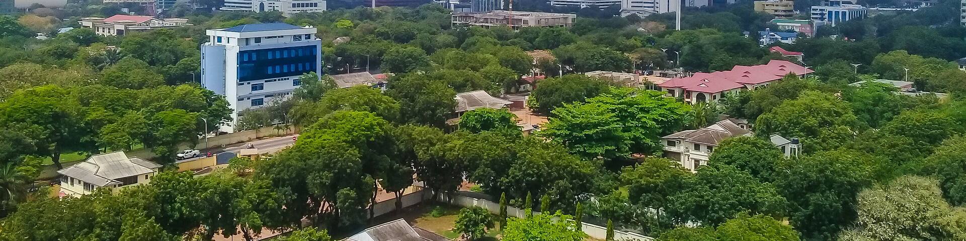 Modern residential buildings in Accra, capital of Ghana. Modern view. Suburb lifestyle in developing countries. Beautiful urban landscape. Top view. Wonderful houses and green areas