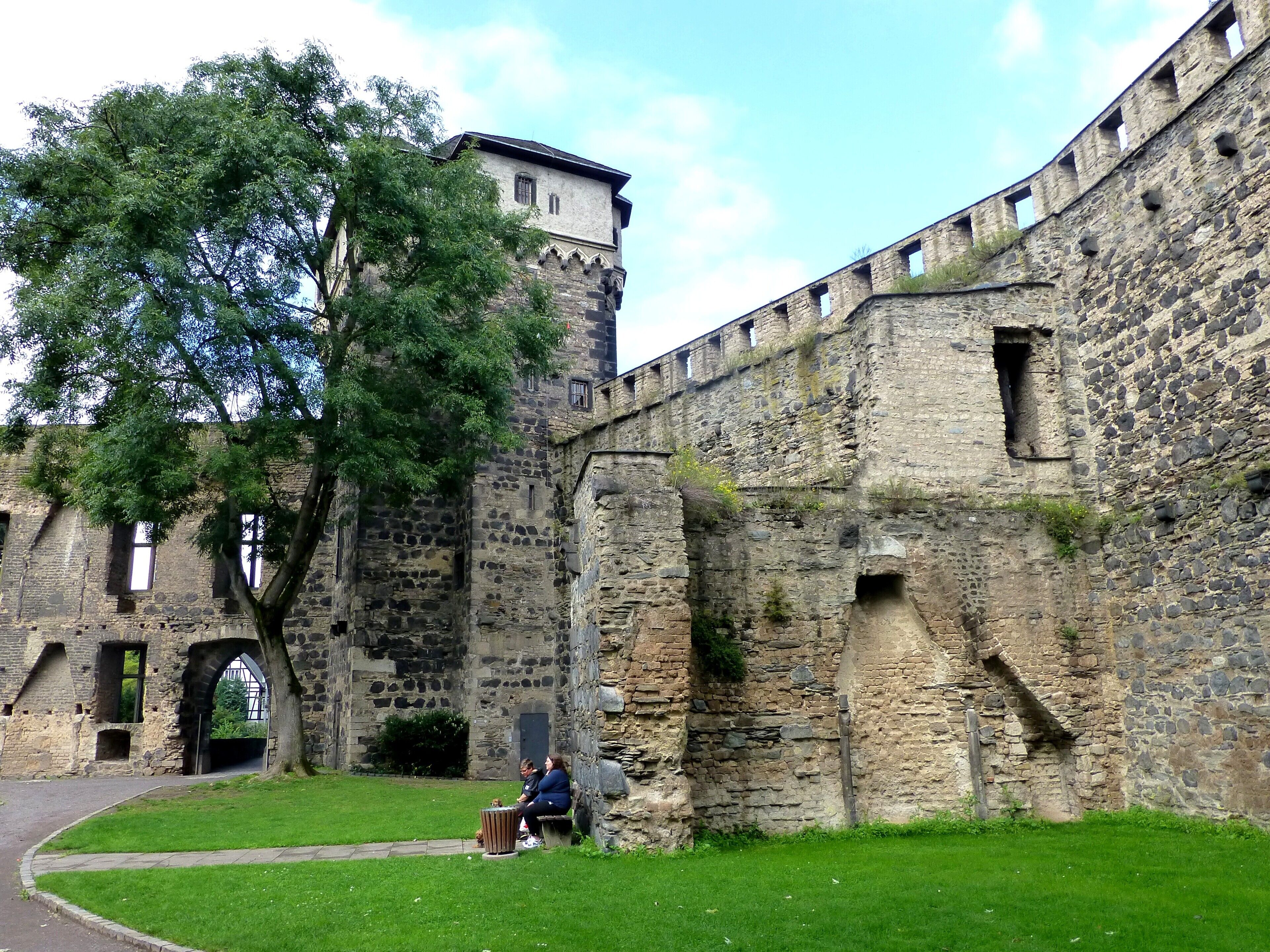 A historic stone wall with a tree in the foreground and a building in the background.